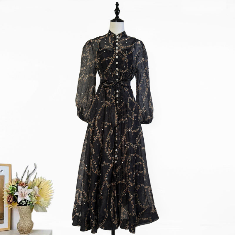 Women's Retro Printed Light Luxury Rhinestone Single-breasted Dresses