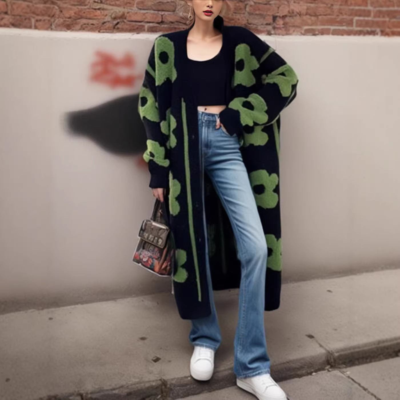 Women's Large Flower Jacquard Knitted Long Single-breasted Women's Sweater