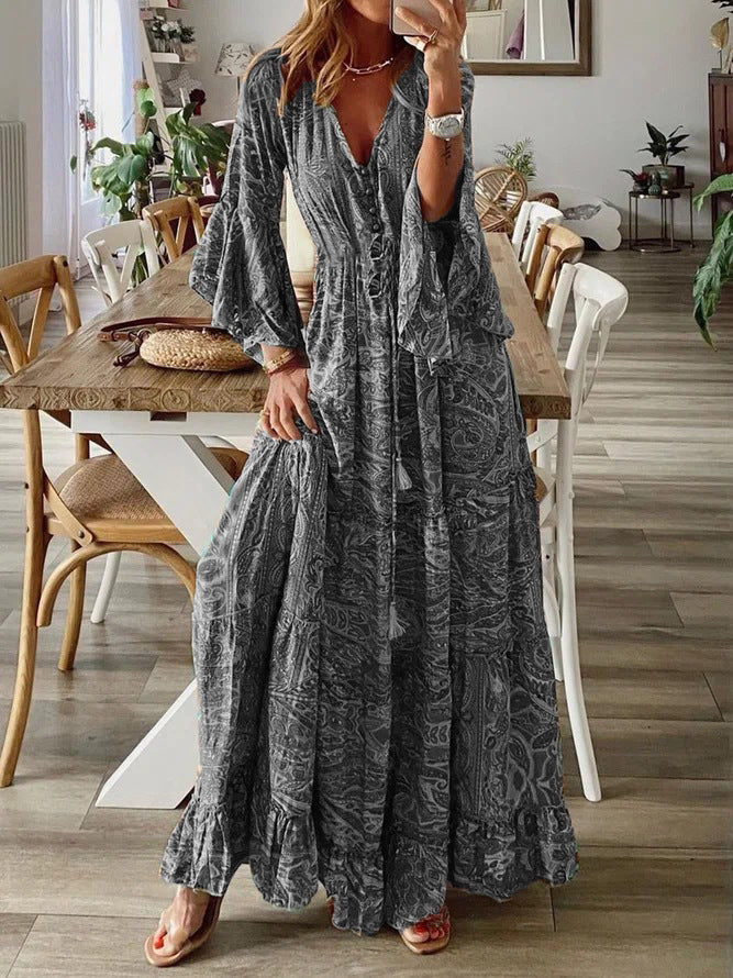 Bohemian Flare Sleeve Printed High Waist Holiday Dress