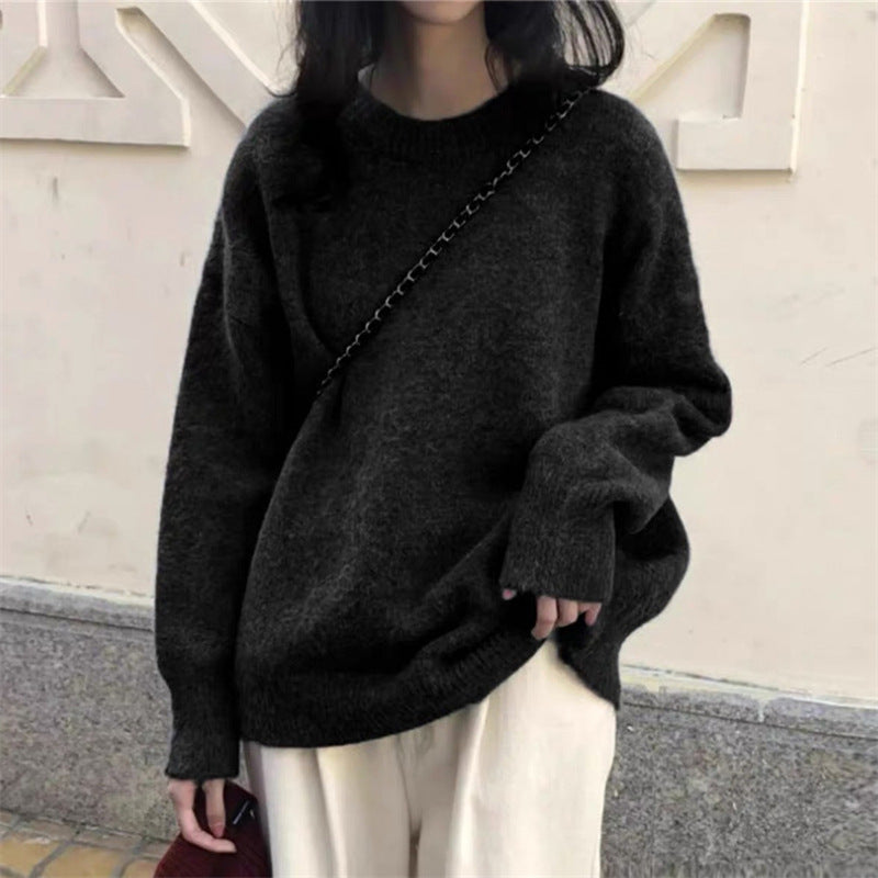 Women's Solid Color Casual Round Neck Pullover Outer Wear Korean Style Sweater