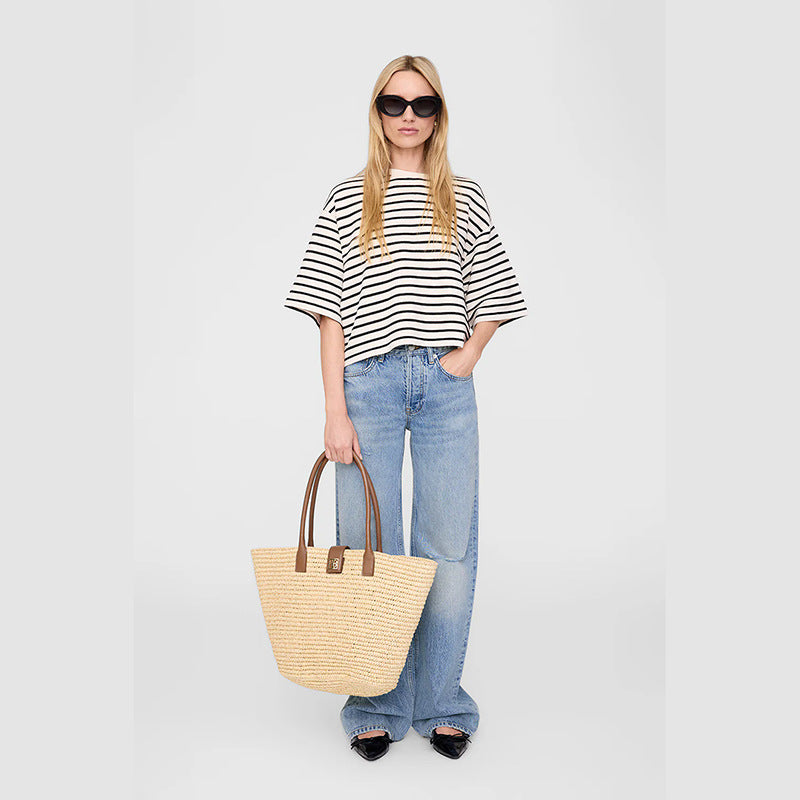 Women's American Niche Front Embroidered Framed Letter Stripes Terry Loose Blouses