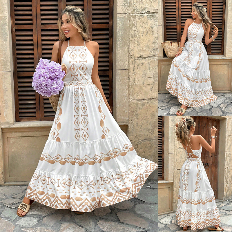 Suspender Waist White Temperament Vacation Style Dress