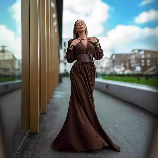 Women's Chocolate Design Pleated Dress Brown Dresses