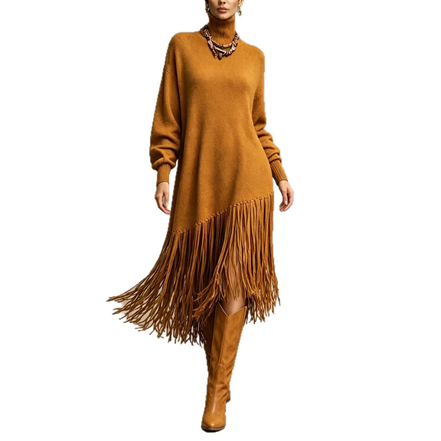 Women's Bohemian Long Fringe Design Solid Color Mature Dress