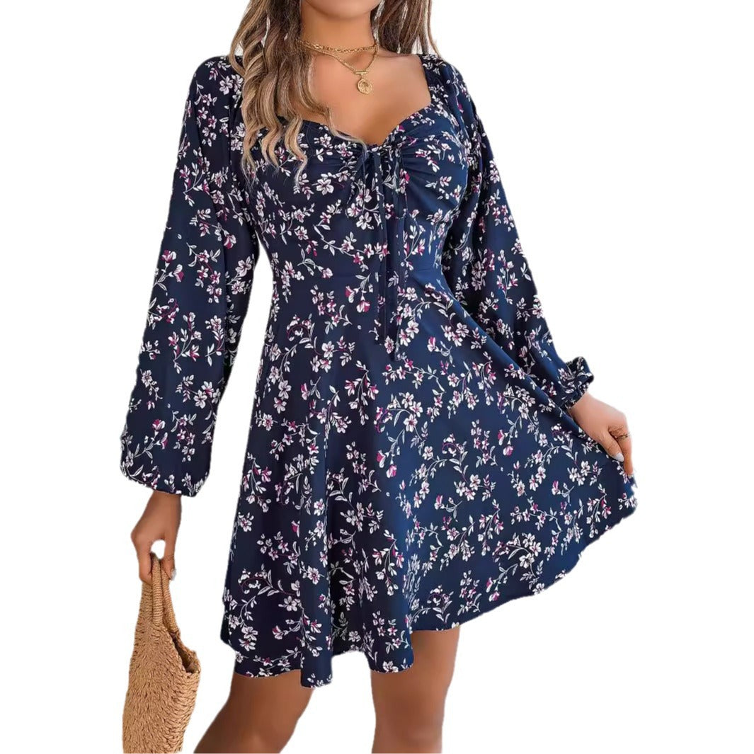 Women's Sexy Lacing Square Collar Floral Print Long Dress