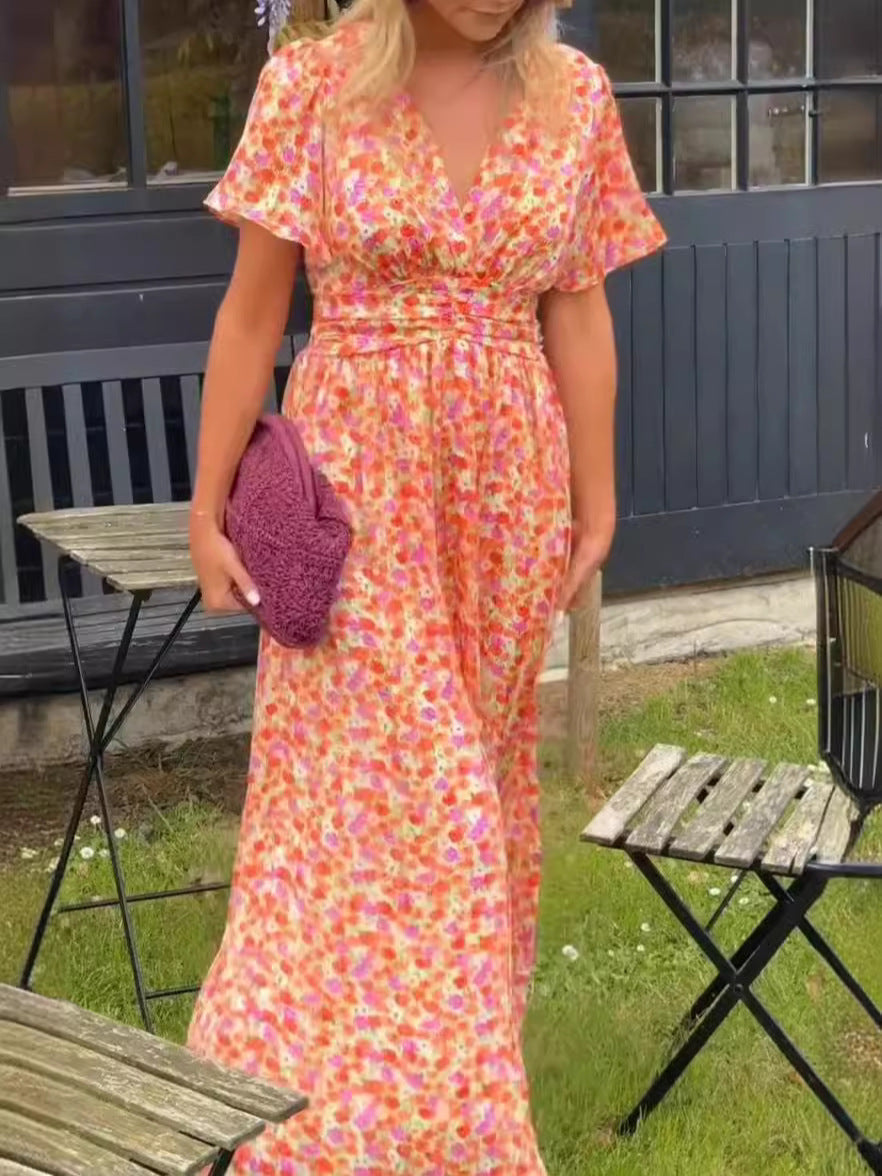 Women's Fashion Temperament Printed Waist Dress Dresses