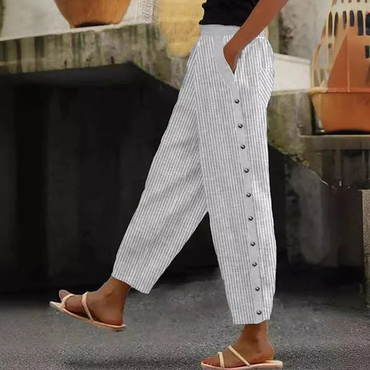 Women's Printed Striped Elastic Waist Cropped Summer Pants
