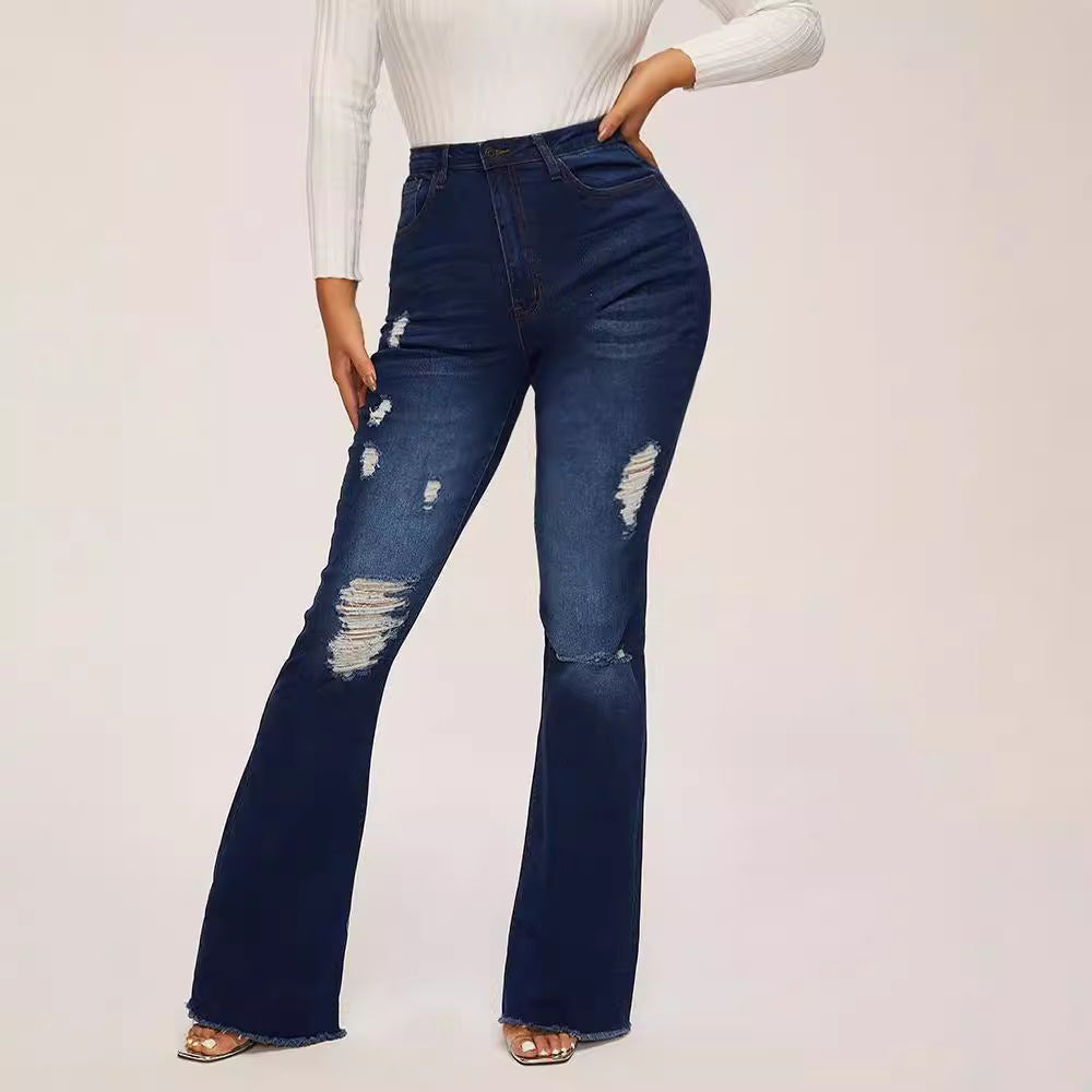 Beautiful High Elastic Ripped Waist Flared Jeans