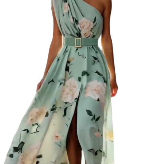 Women's Oblique Shoulder Digital Printing Sleeveless Belt Dresses