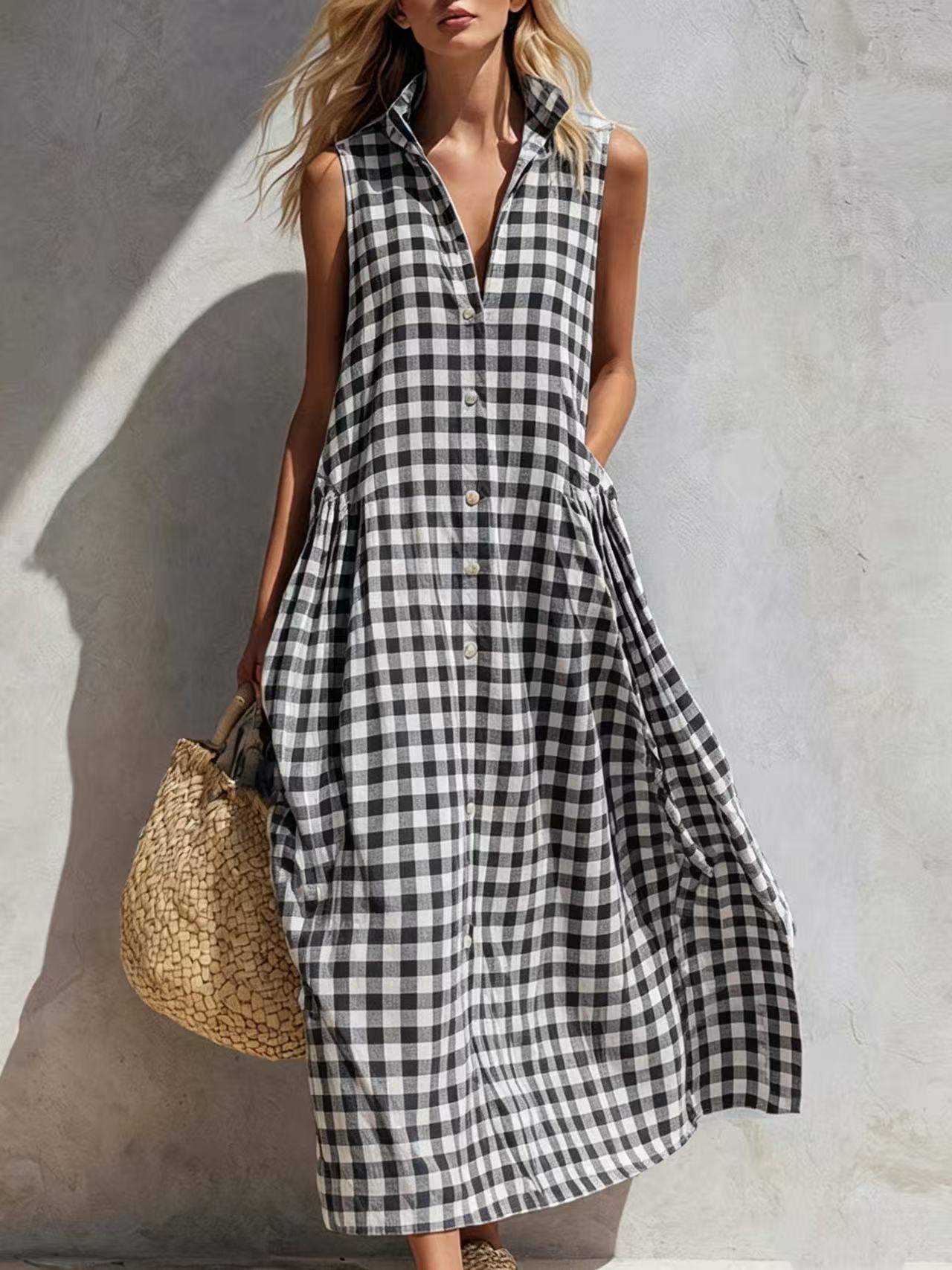 Sleeveless Summer Vacation Style Seaside Plaid Loose Dress