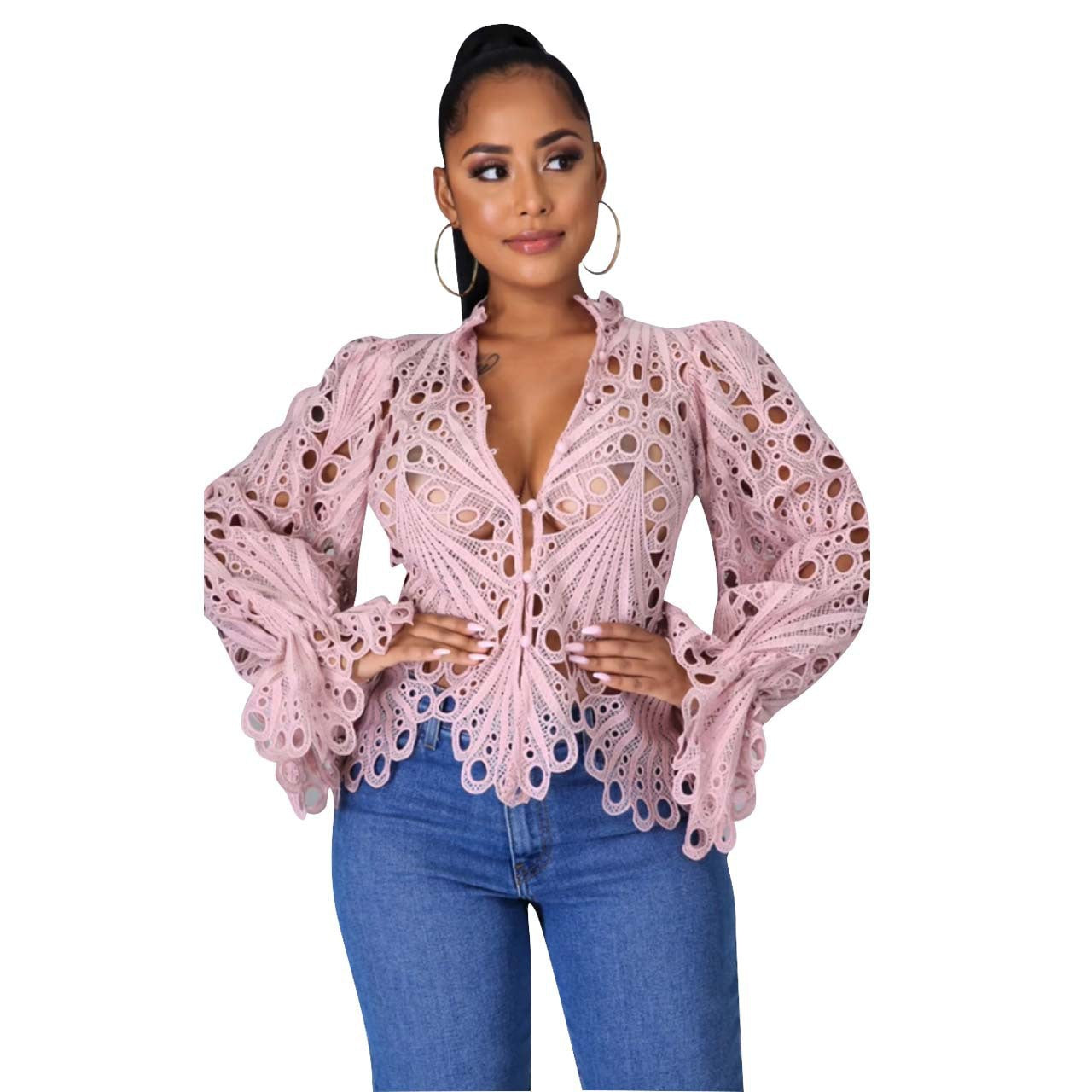 Women's Autumn Ripped Sexy Flare Sleeve Breathable Blouses