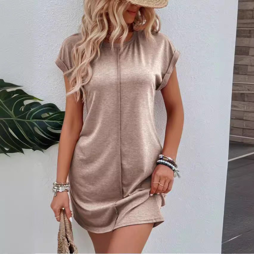 Women's Solid Color Round Neck Sleeves Casual Dress