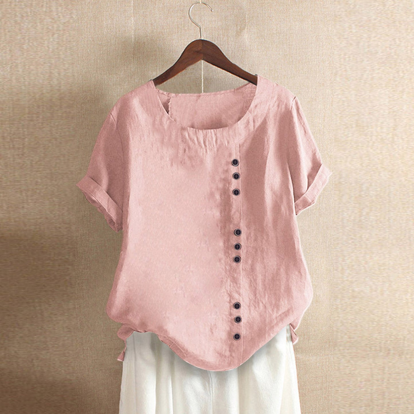 Women's Button Sleeve Casual Holiday Round Neck Regular Cotton Blouses