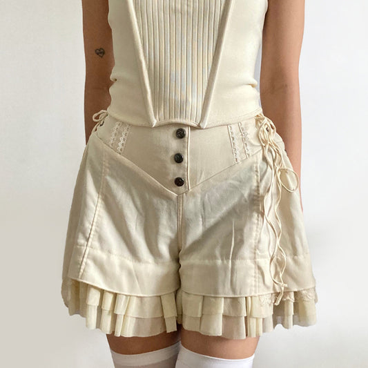 Breasted Lace Up Casual Fashion Girlish Style Ruffled Patchwork Shorts