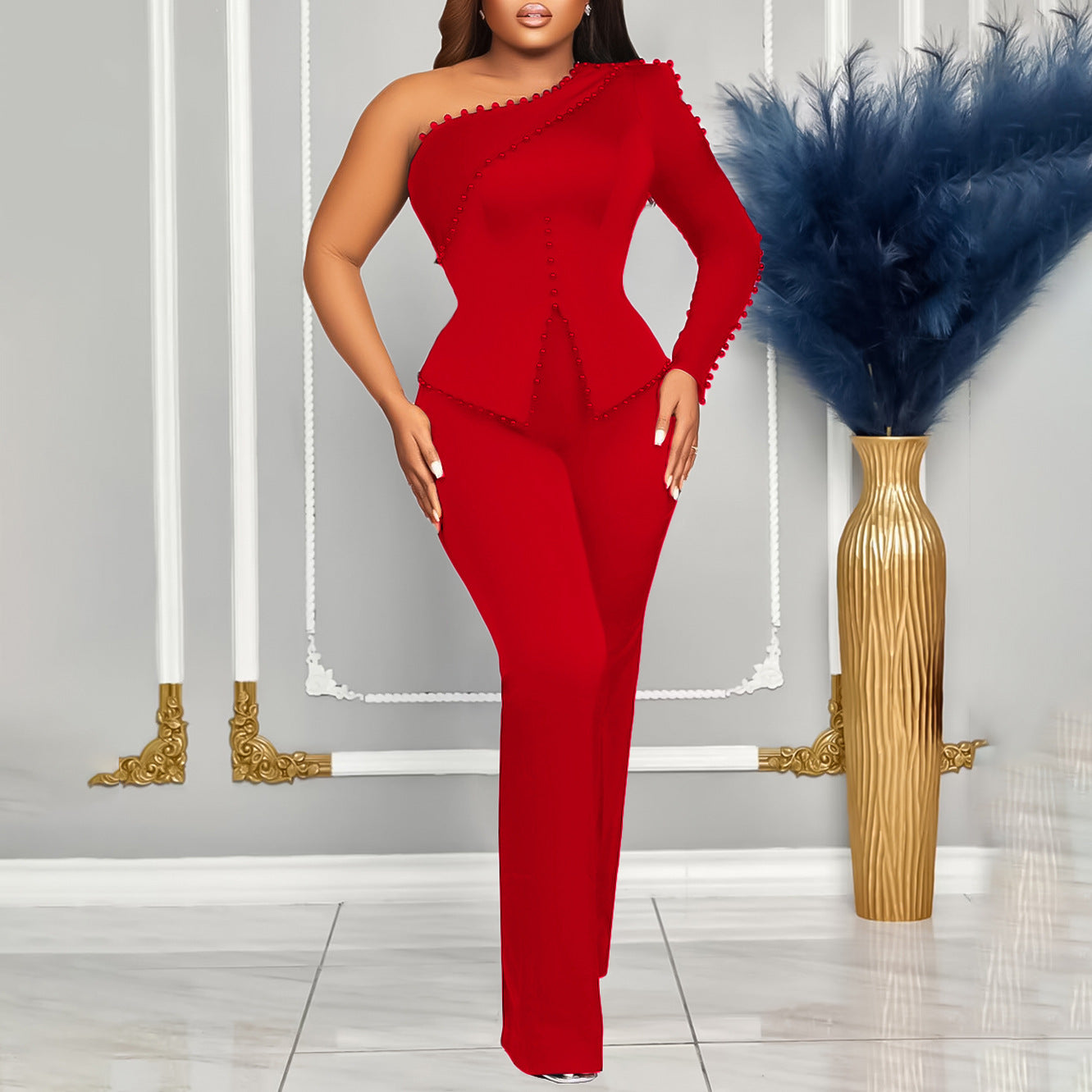 Women's Spring Shoulder Beaded Ol Two-piece Set Suits