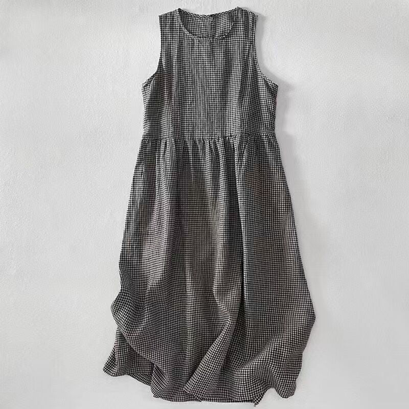 Cotton Linen Wide Hem Loose Sleeveless Design Dress