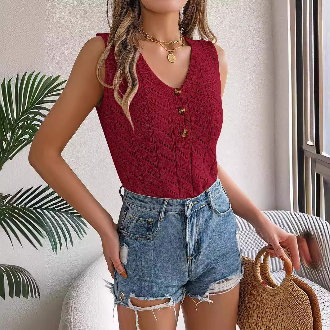 Women's Summer Solid Color Buttons Hollow Sleeveless Women's Sweater
