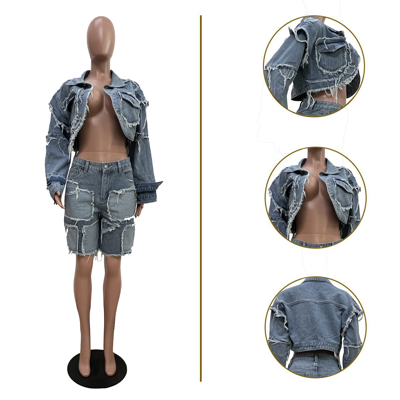 Women's Retro Washed Distressed Patch Denim Suits