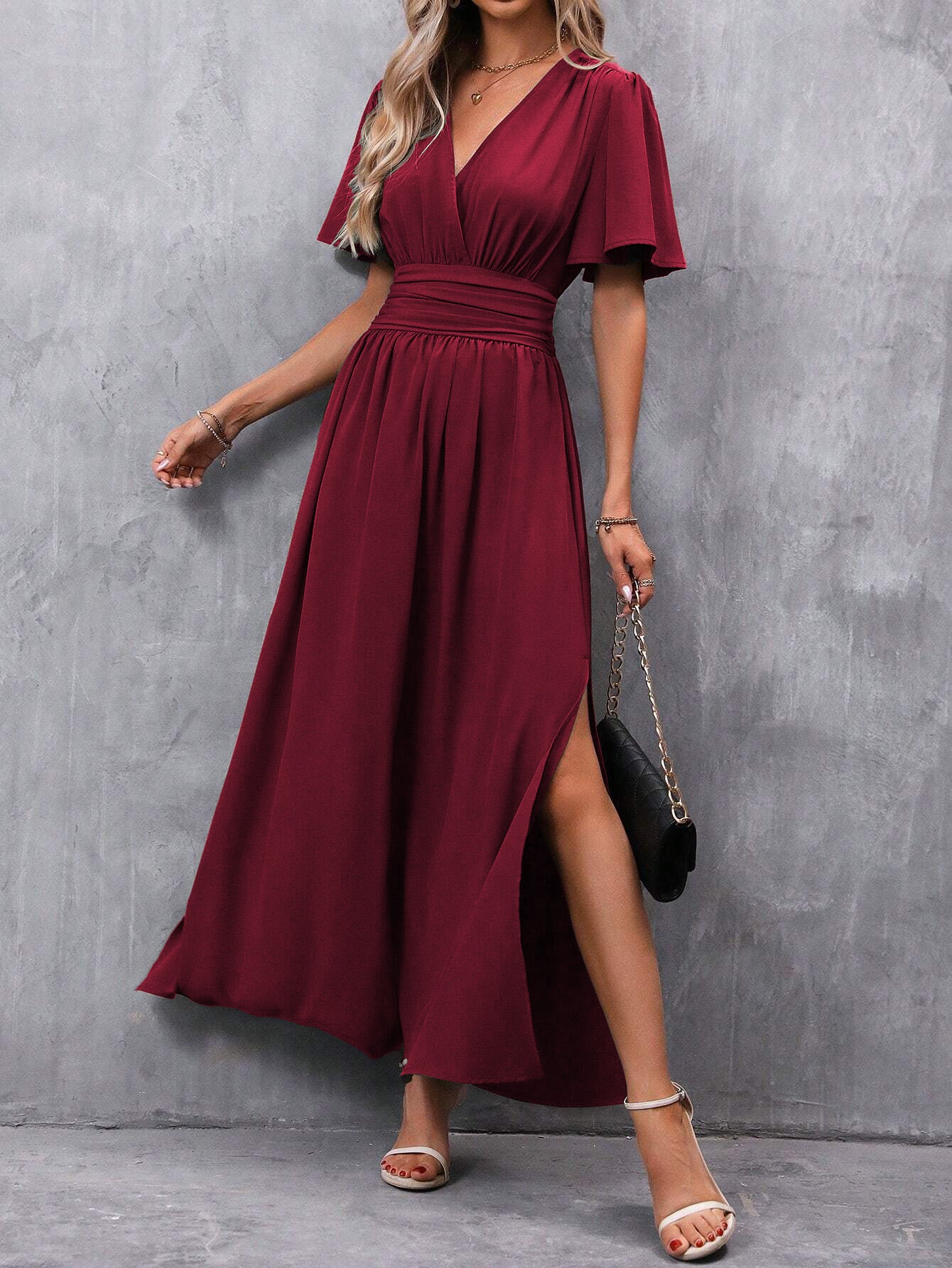 Women's Flying Sleeves Back Waist Smocking High Slit Dress