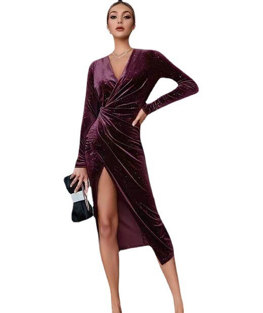 Sexy Long Sleeve Mid-length Gold Veet Dress