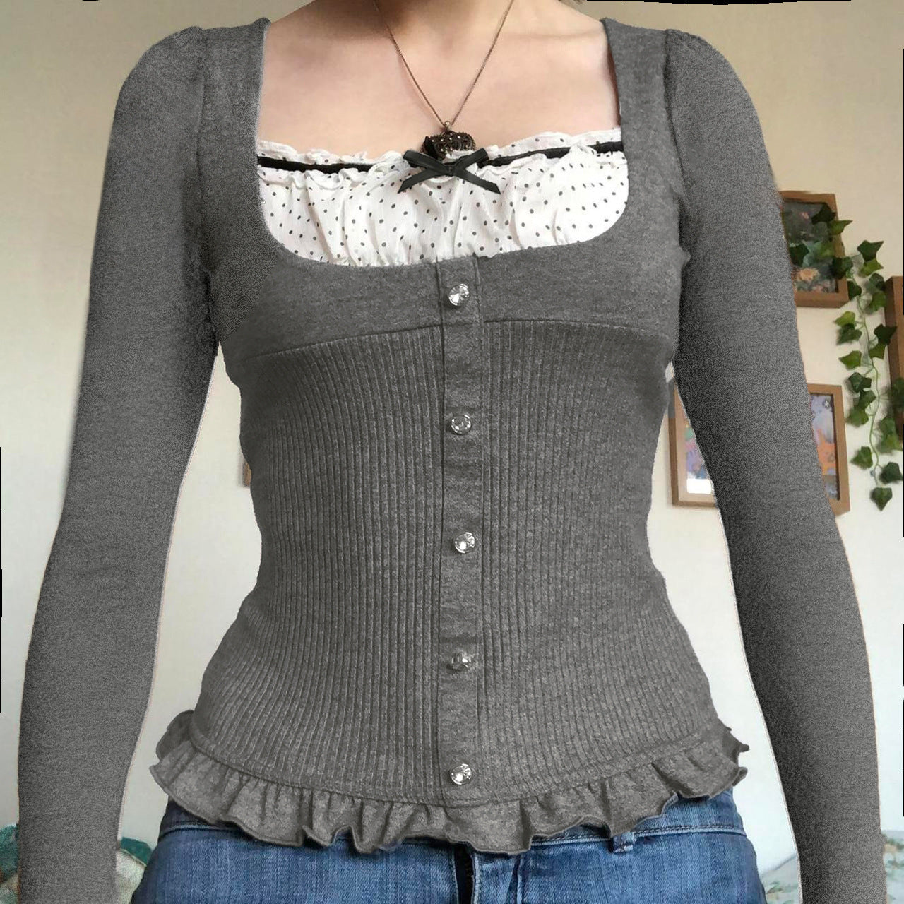 Women's Two-piece Vintage Woolen Square Collar Sleeve Shorts