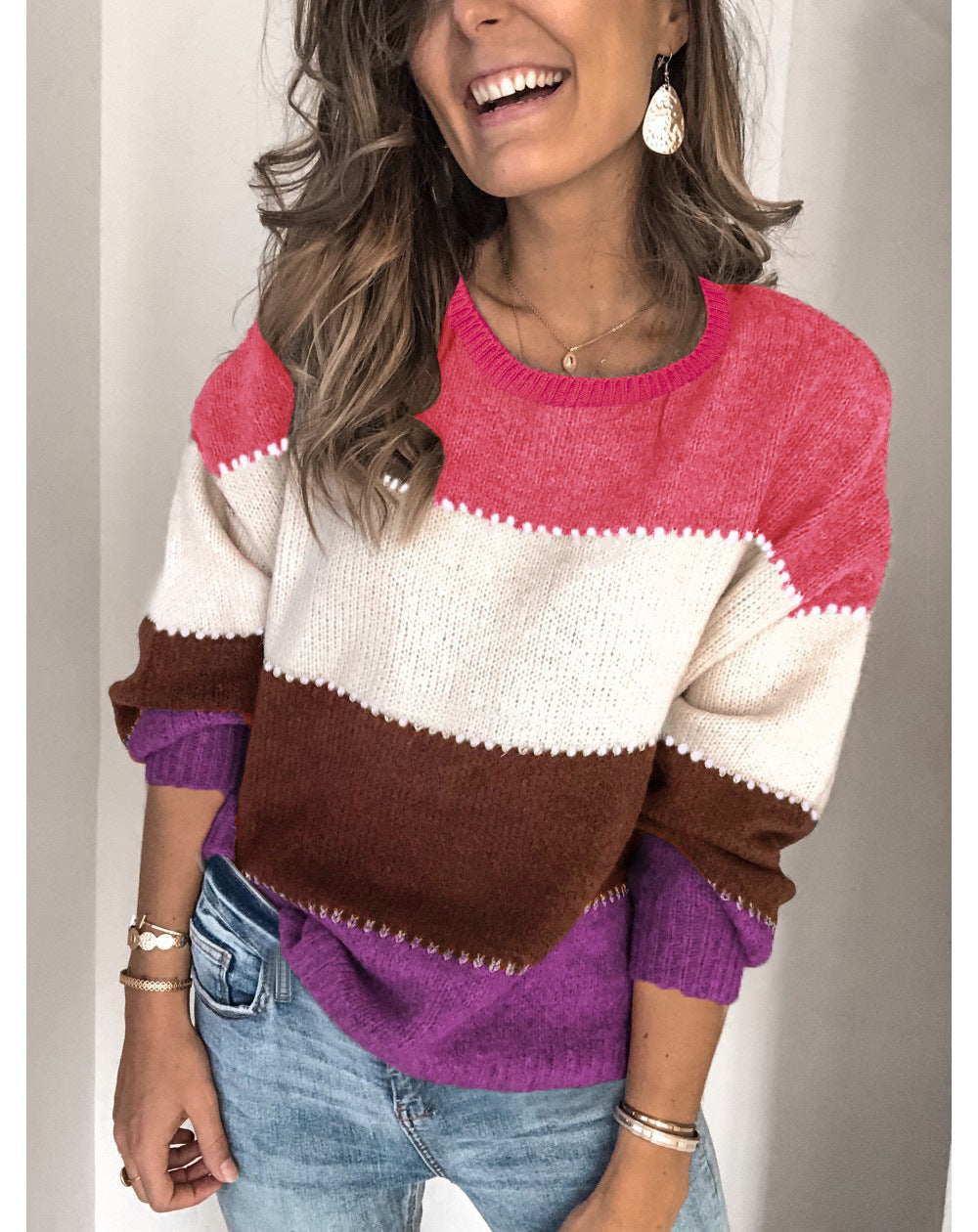 Women's Crew Neck Mid-length Loose Knitted Large Women's Sweater