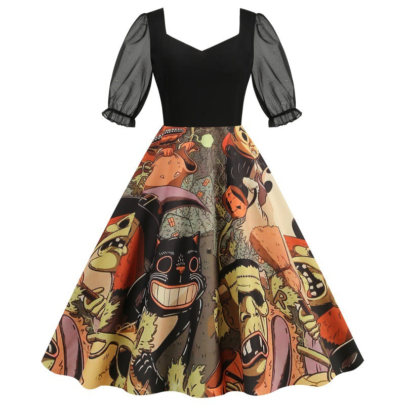 Mesh Stitching Half Sleeve Sexy Retro Printed Large Dress