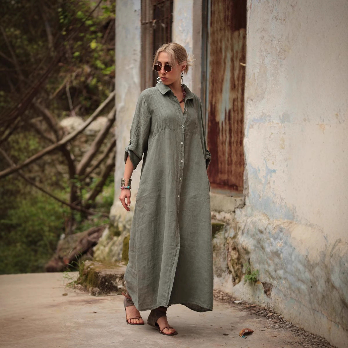 Solid Color Stand Collar Long Sleeve Dress
