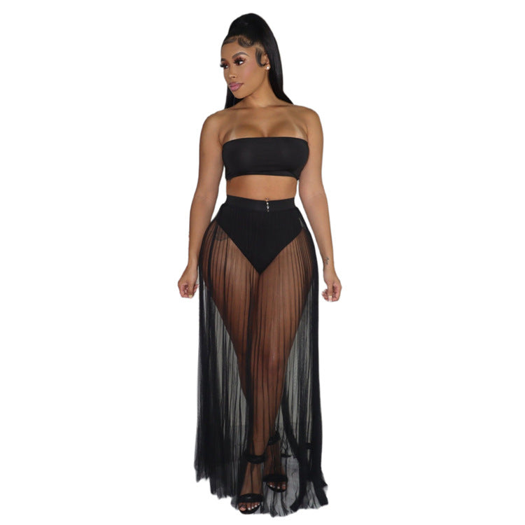 Women's Sexy Mesh Pleating Three-piece Dress Suits