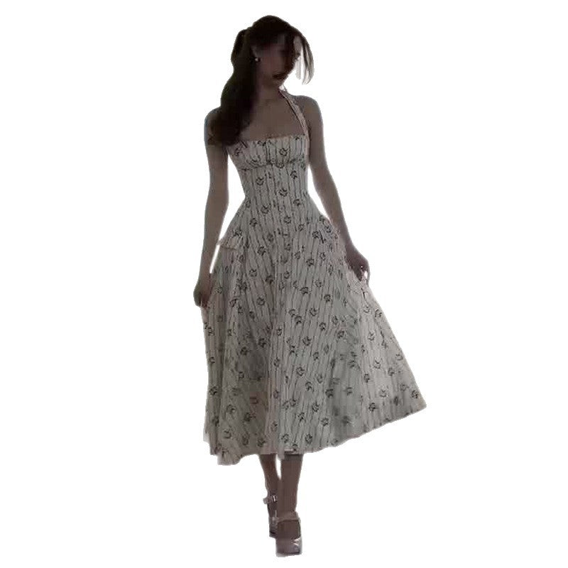 Women's French Halter Waist Trimming Printing Slim Dresses