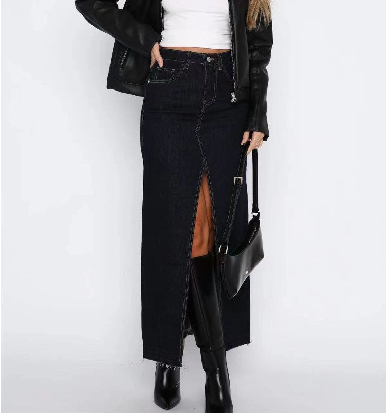 Women's High Waist Slit Design Denim Long Skirts