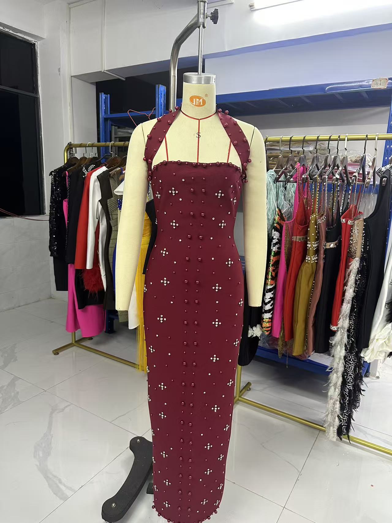 Beaded Rhinestone Pearl Halter Bandage One-piece Dress Elegant Dresses
