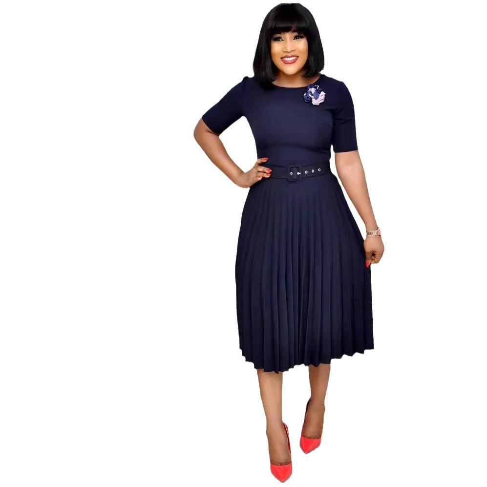 Versatile Women's African Solid Color Pleated Dress