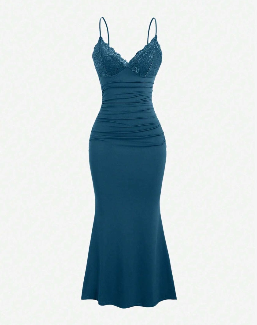 Women's American Elegant Lace Stitching Solid Color Pleated Fishtail Hem Suspender Dress