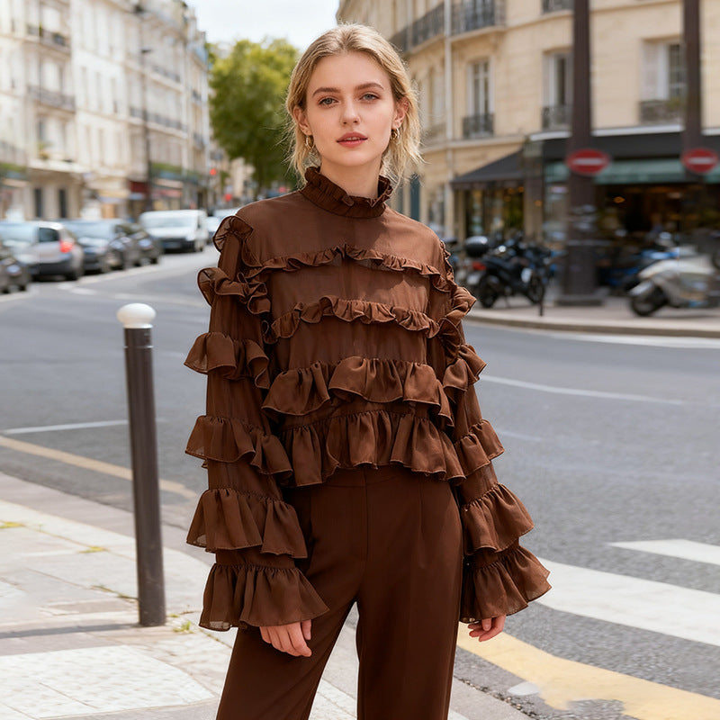 Women's Ruffled Shirt Autumn Niche Design Solid Color Blouses
