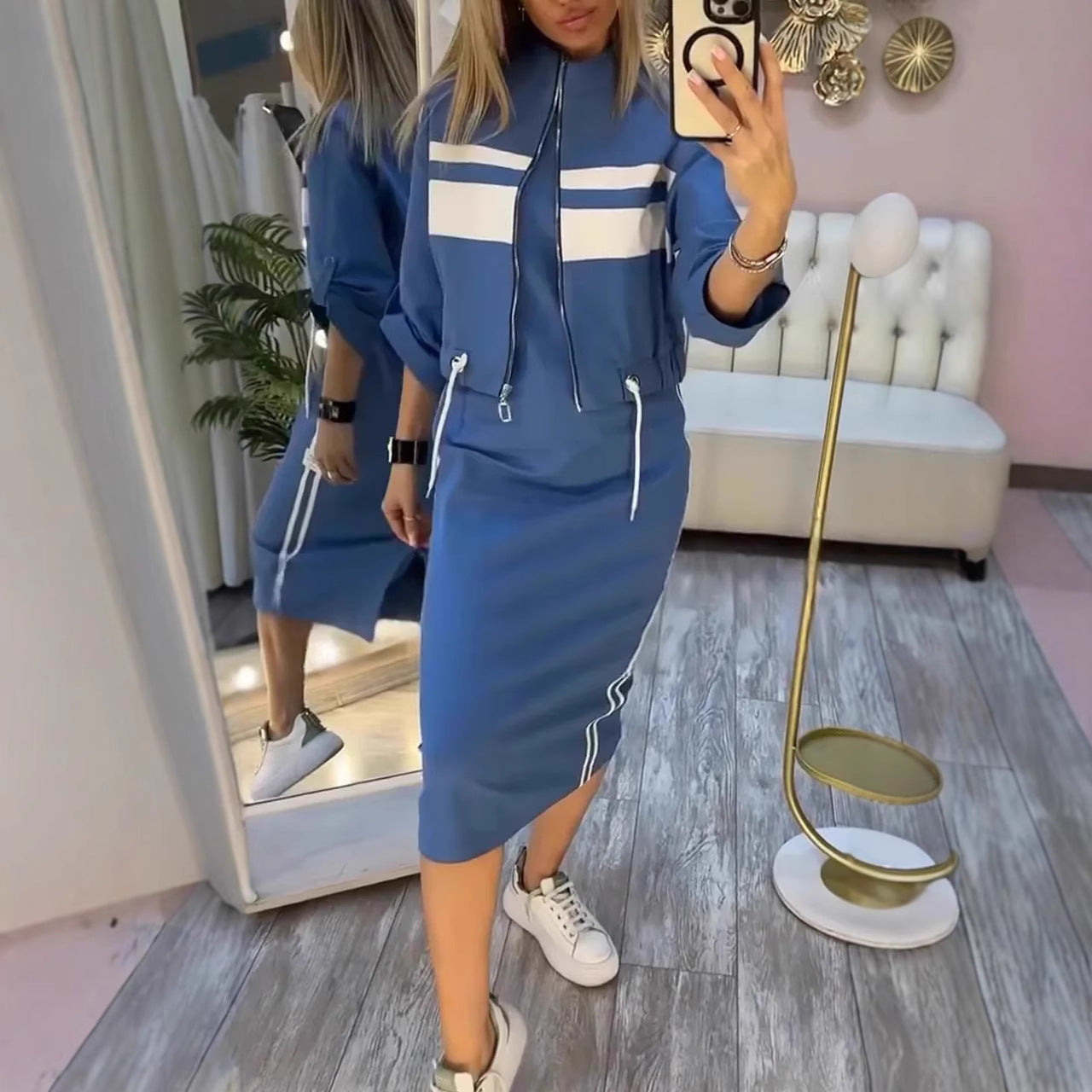 Women's Autumn Casual Zipper White Stripe Edge Suits