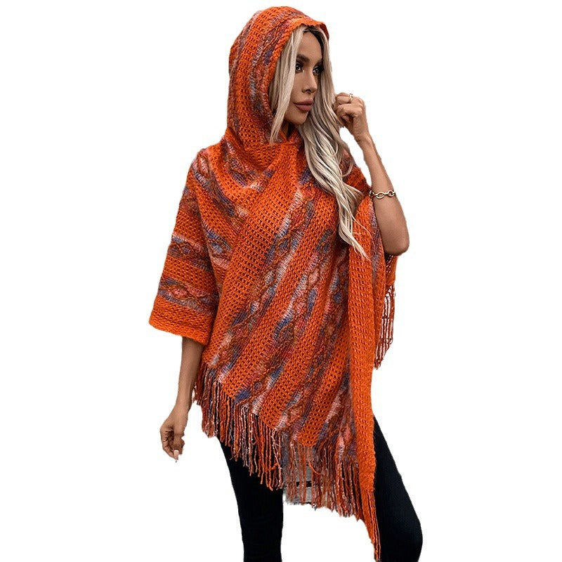 Women's Colorful Striped Hooded Knitted Tassel Cape Shawl Sweaters