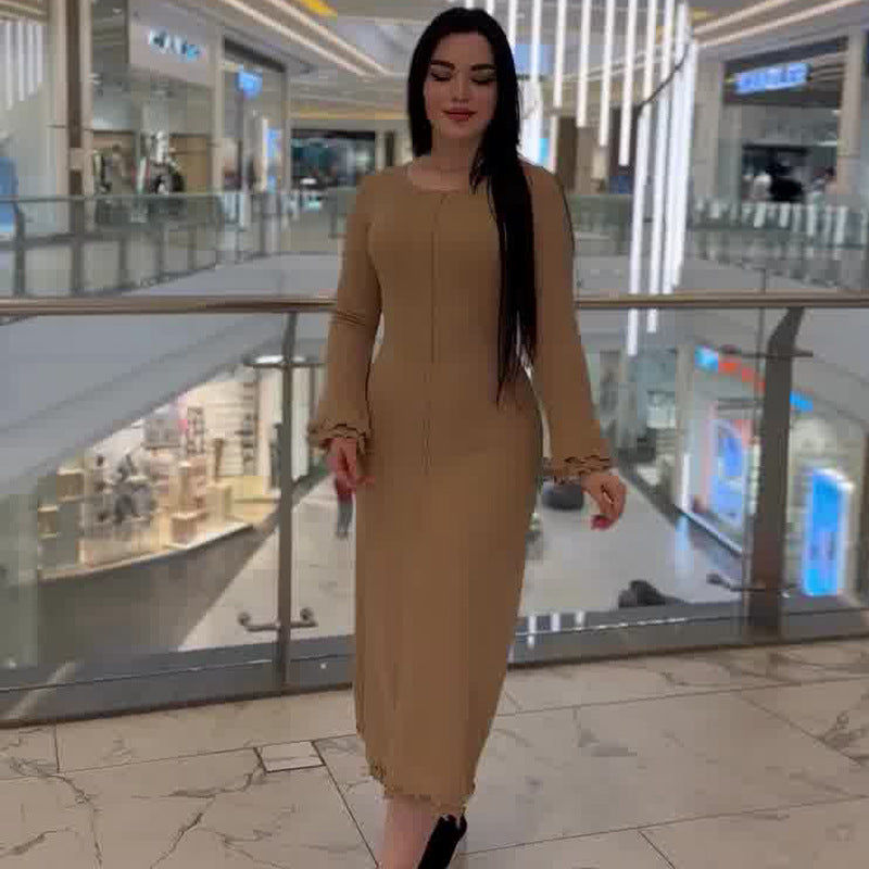 Women's Color Round Neck Long Sleeve Slim Fit Stringy Dresses