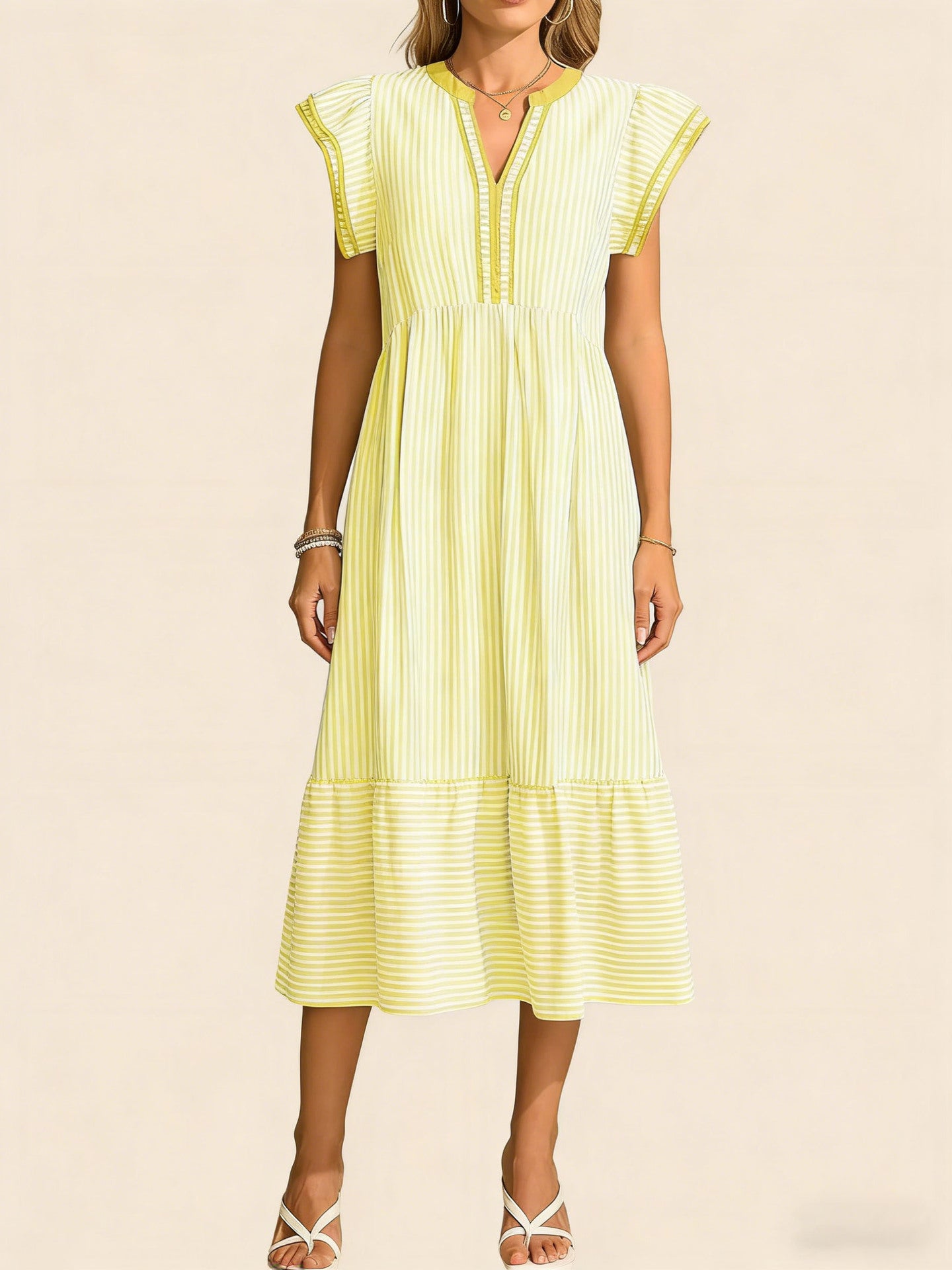 Women's Fashion Striped Double Frill Sleeve Contrast Dress