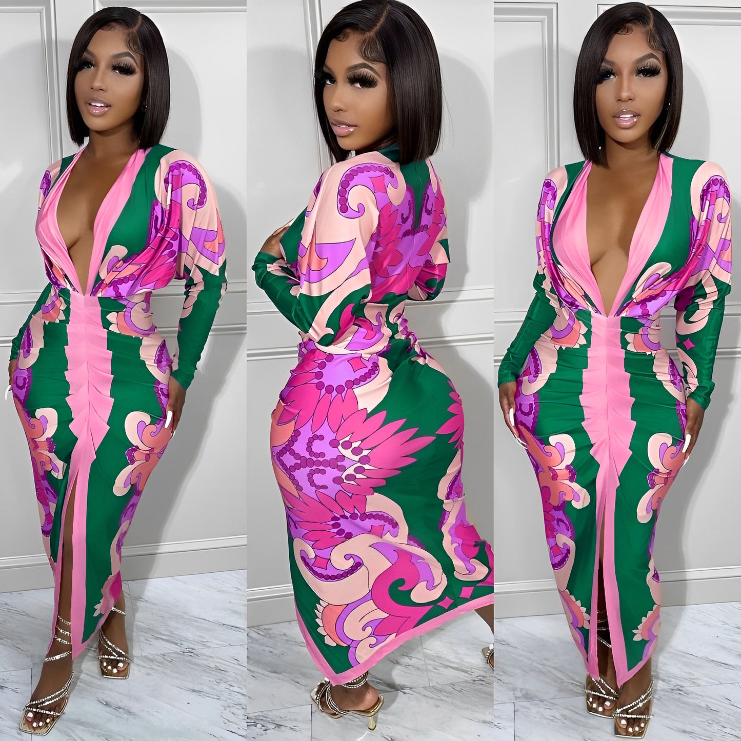 Striped Printed Long Sleeves Casual Sexy Dresses