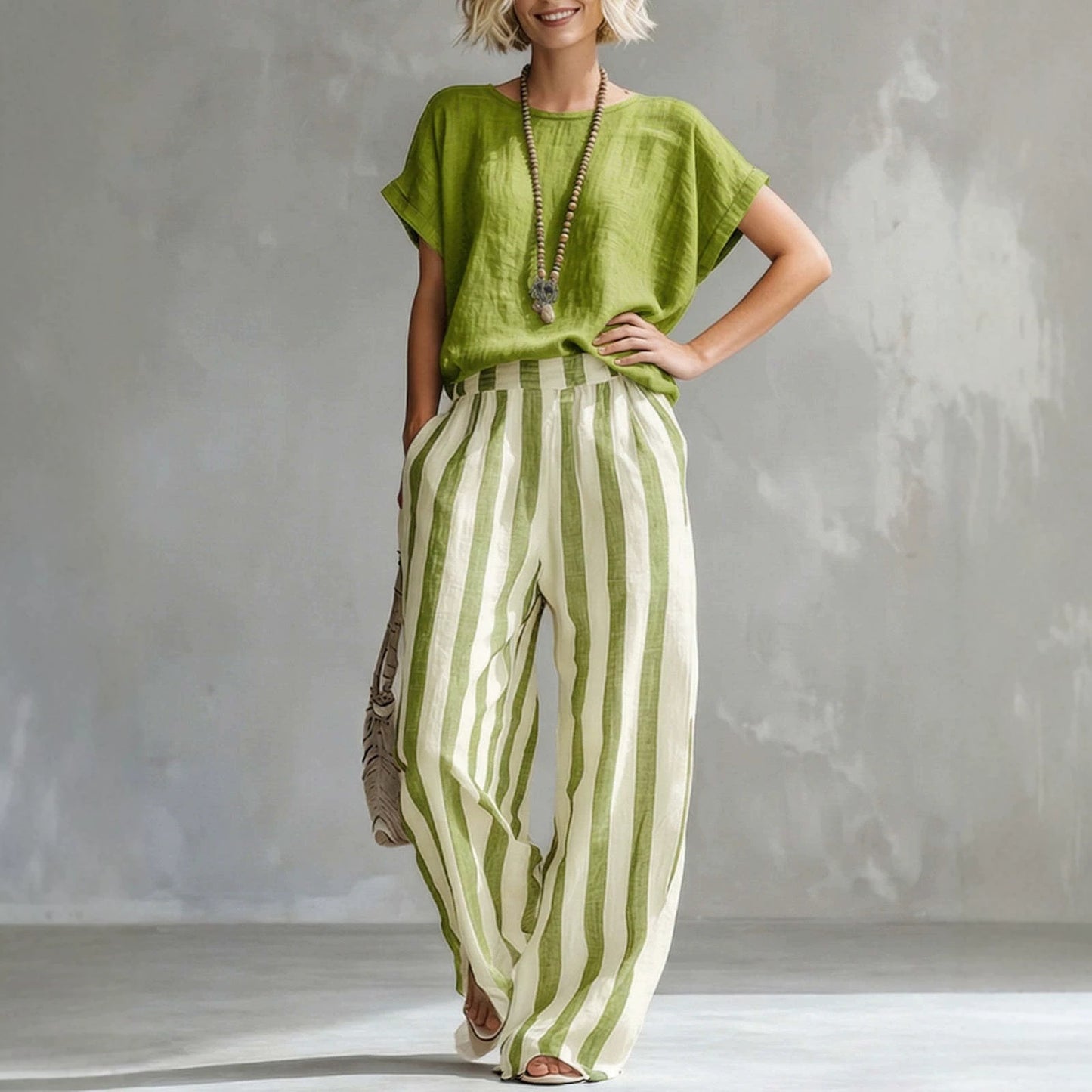 Women's Round Neck Straight Striped Trousers Fashion Casual Suit
