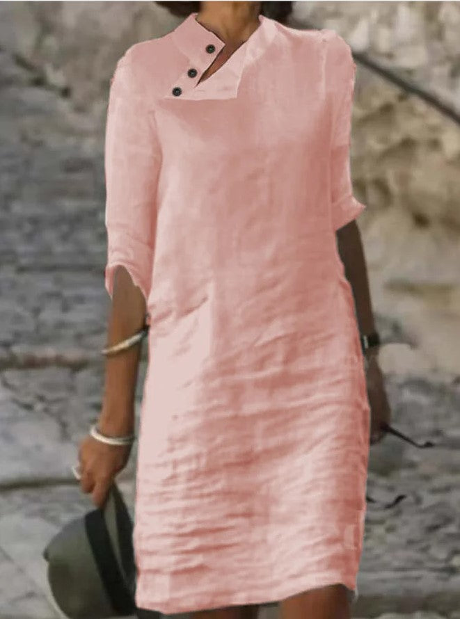 Casual Stand Collar Button Cotton Linen Solid Color Dresses