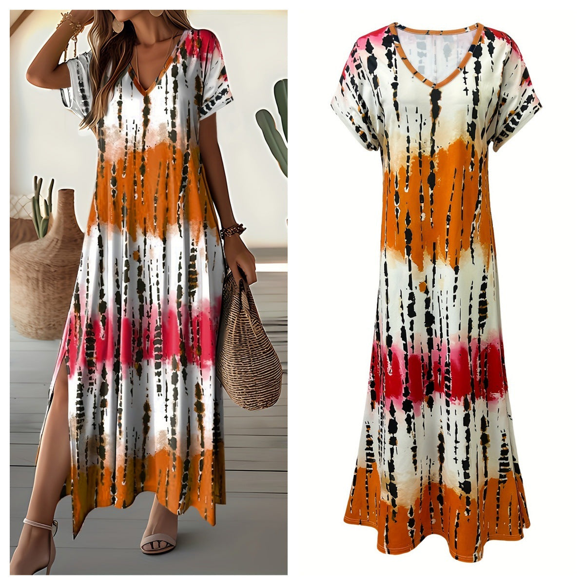 Women's Large Casual Summer Digital Floral Print Slit Street Style Dress