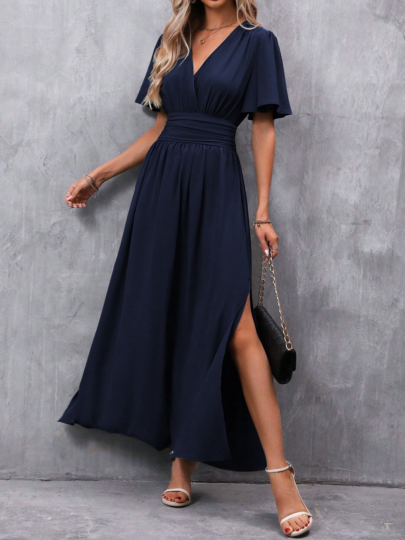 Women's Flying Sleeves Back Waist Smocking High Slit Dress