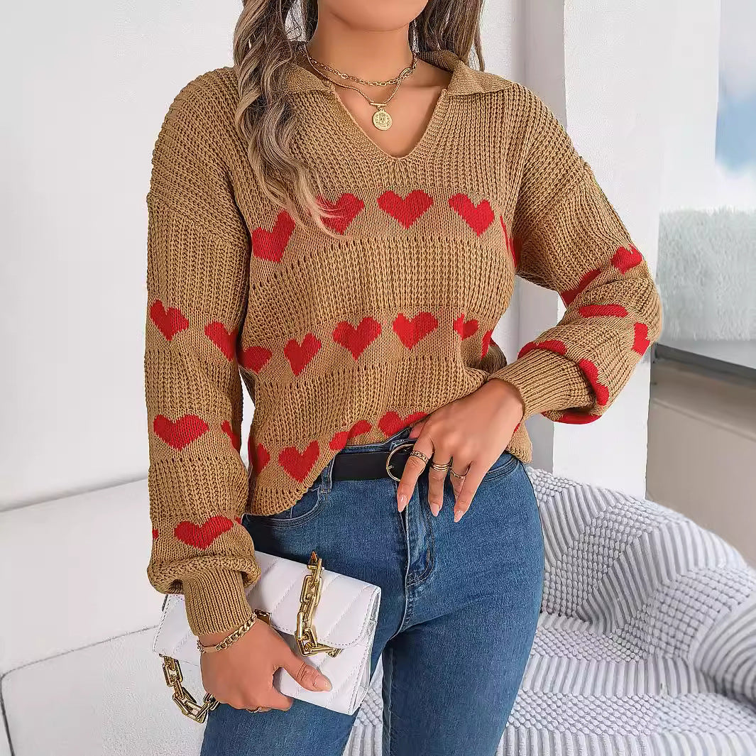 Women's Casual Heart Collar Lantern Sleeve Contrast Color Sweaters
