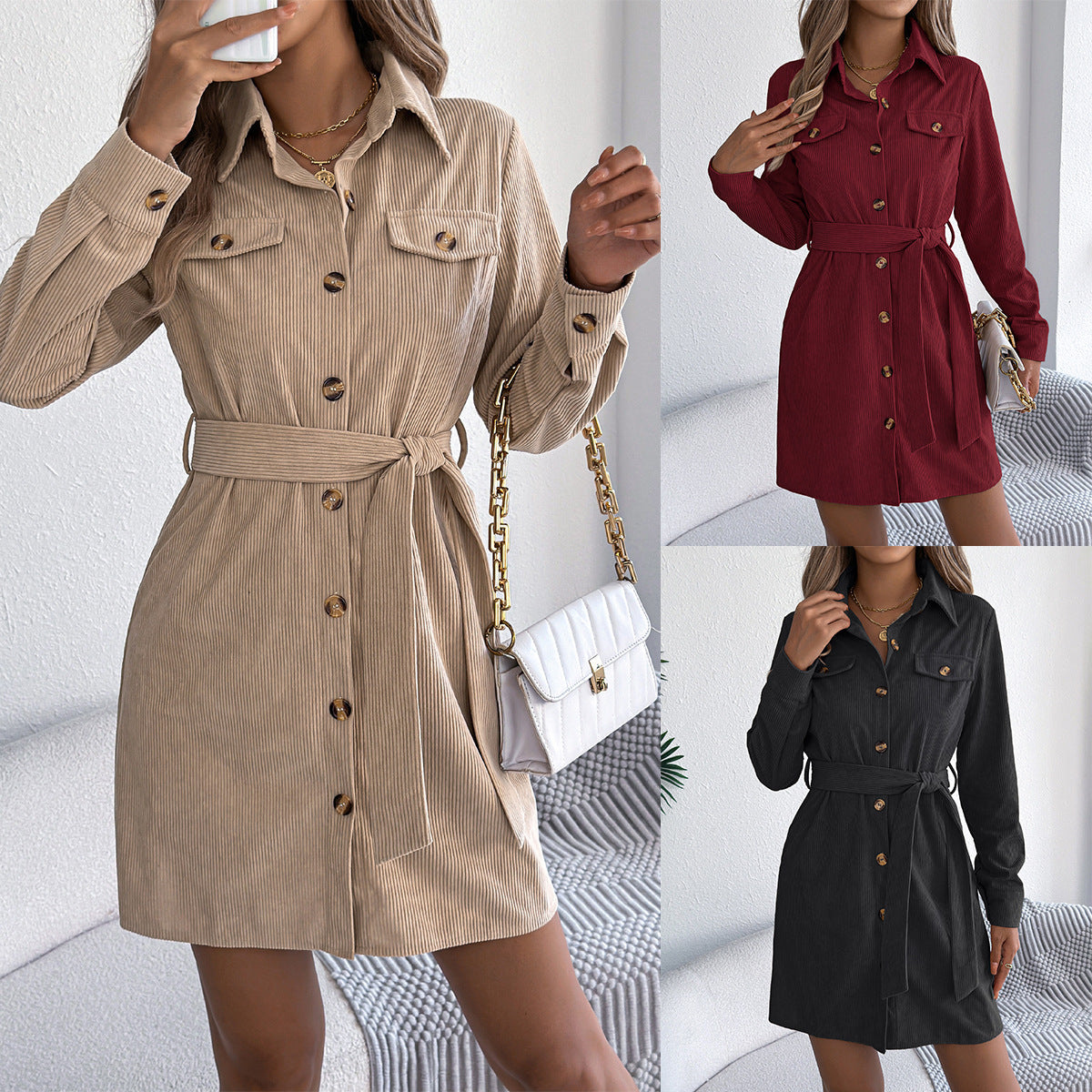 Women's Casual Solid Color Single-breasted Long Sleeve Corduroy Dress