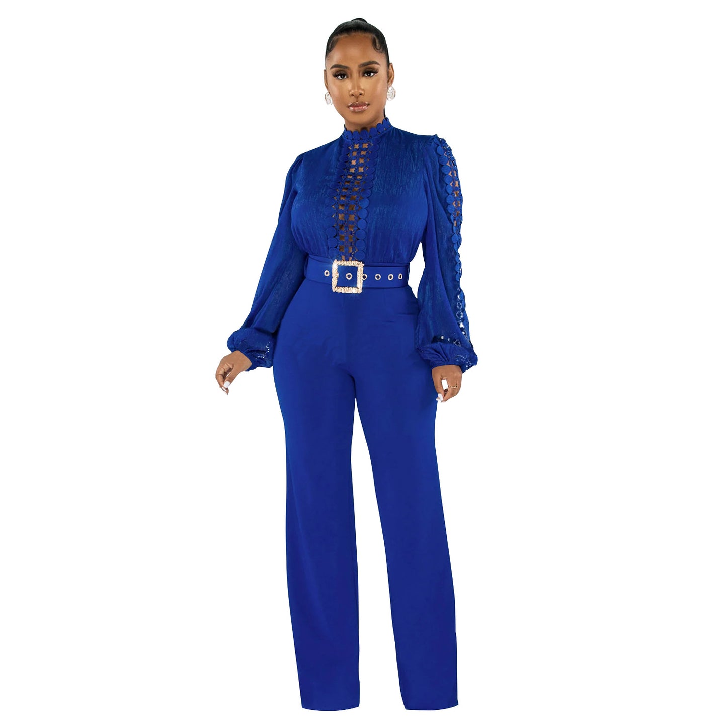 Women's Wear Belt Lace Cutout Solid Color Suits