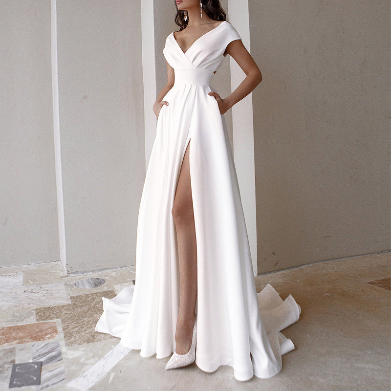 White Medium Waist Solid Color Temperament Dresses
