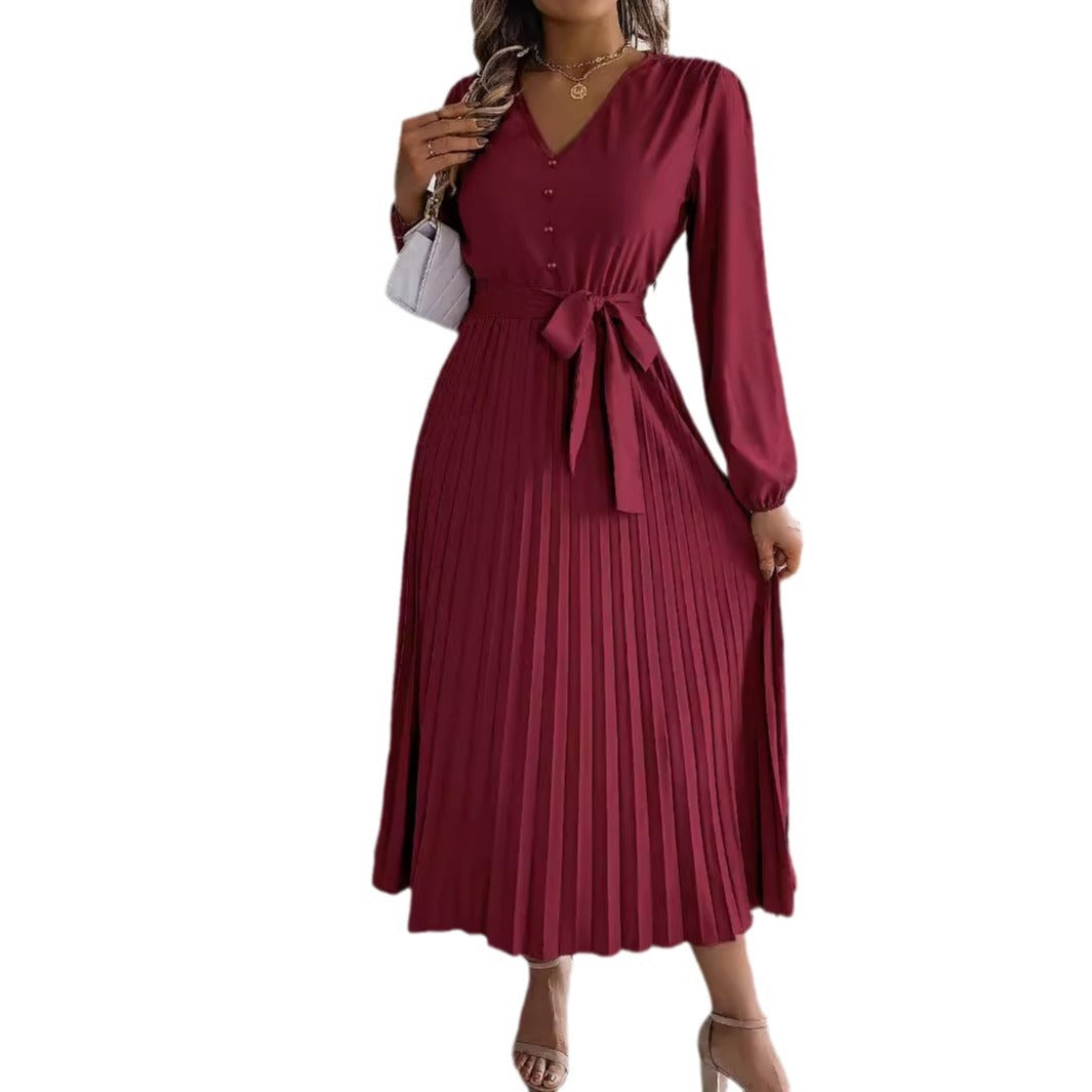 Women's Elegant Button Large Hem Pleated Maxi Clothing