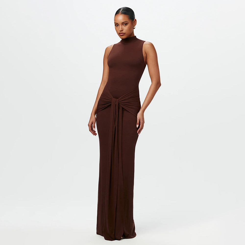 Women's Solid Color Round Neck Sleeveless Waist Trimming Lace Dress
